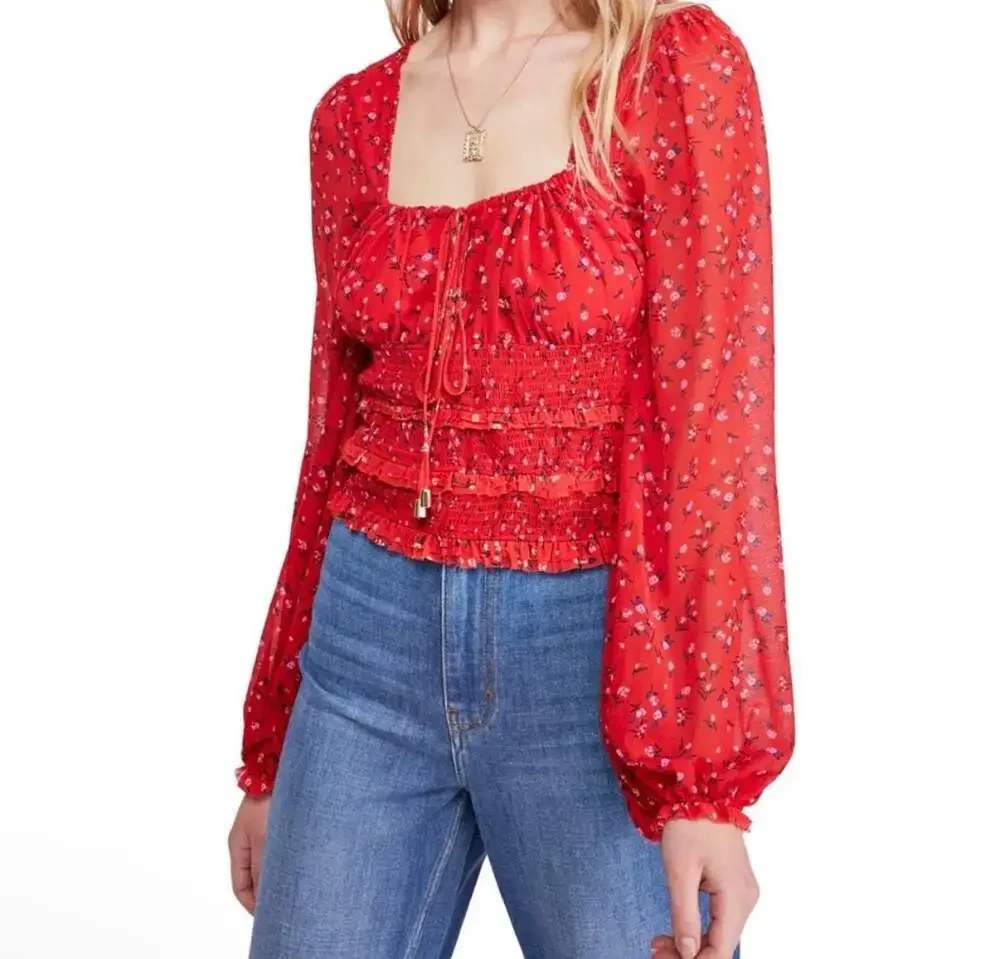 Free People Lolita Red Floral Long Sleeve Smocked Blouse